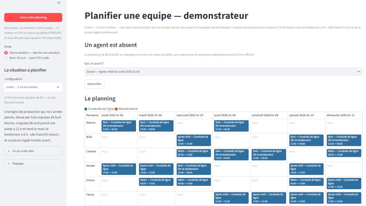 Capture du moteur de planification : planning d’équipe généré et vérifié