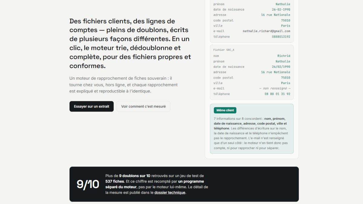 Capture du moteur de rapprochement : fiches fusionnées et mesure publiée